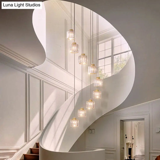 Contemporary Spiral Cylinder Crystal Ceiling Lamp: Stairwell Suspension Fixture