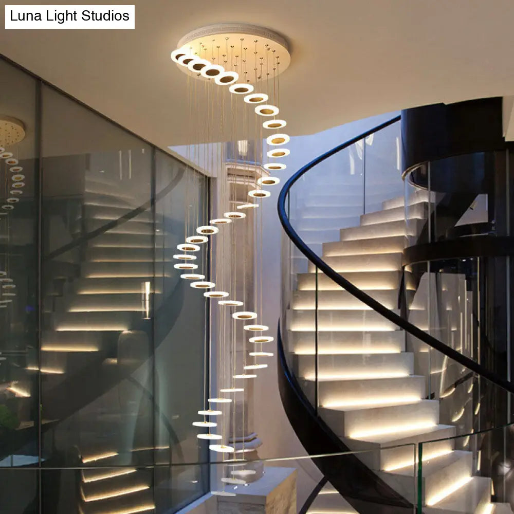 Contemporary Spiral Ceiling Lamp: Multi-Disc Staircase Suspension Light In White 42 / Warm