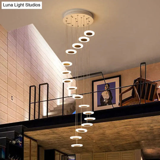 Contemporary Spiral Ceiling Lamp: Multi-Disc Staircase Suspension Light In White 16 / Warm