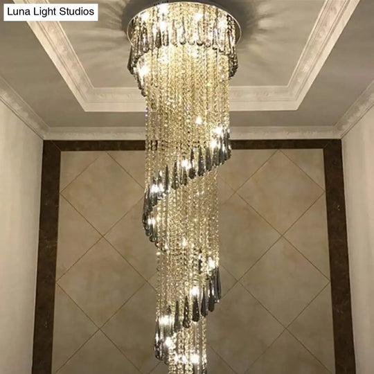 Sleek Led Spiral Ceiling Light With Crystal Draping For Living Room - Stainless Steel Pendant