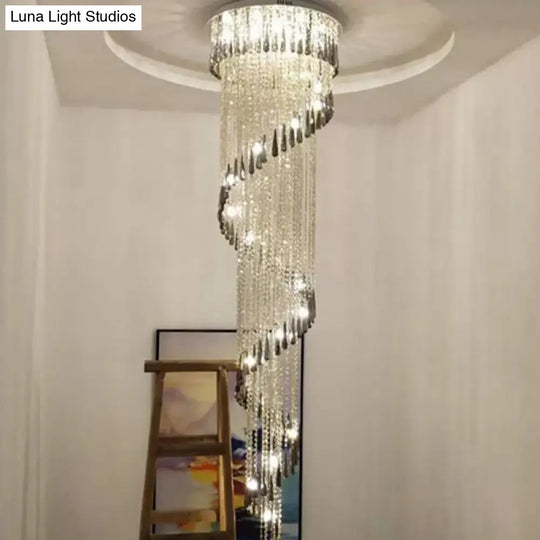 Sleek Led Spiral Ceiling Light With Crystal Draping For Living Room - Stainless Steel Pendant