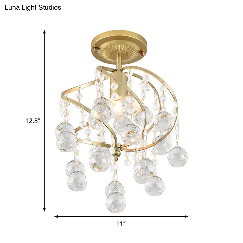 Contemporary Spiral Semi Flush Ceiling Lamp - Metallic 1 Light Golden Corridor With Crystal Drop
