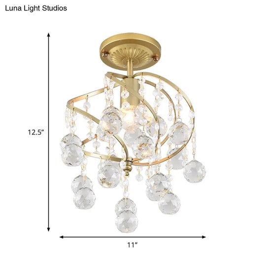 Contemporary Spiral Semi Flush Ceiling Lamp - Metallic 1 Light Golden Corridor With Crystal Drop