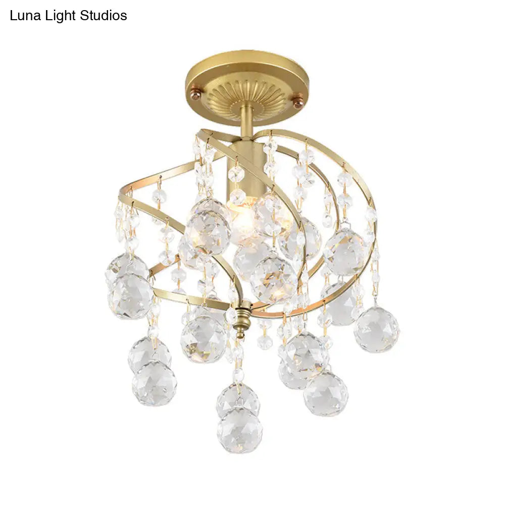 Contemporary Spiral Semi Flush Ceiling Lamp - Metallic 1 Light Golden Corridor With Crystal Drop