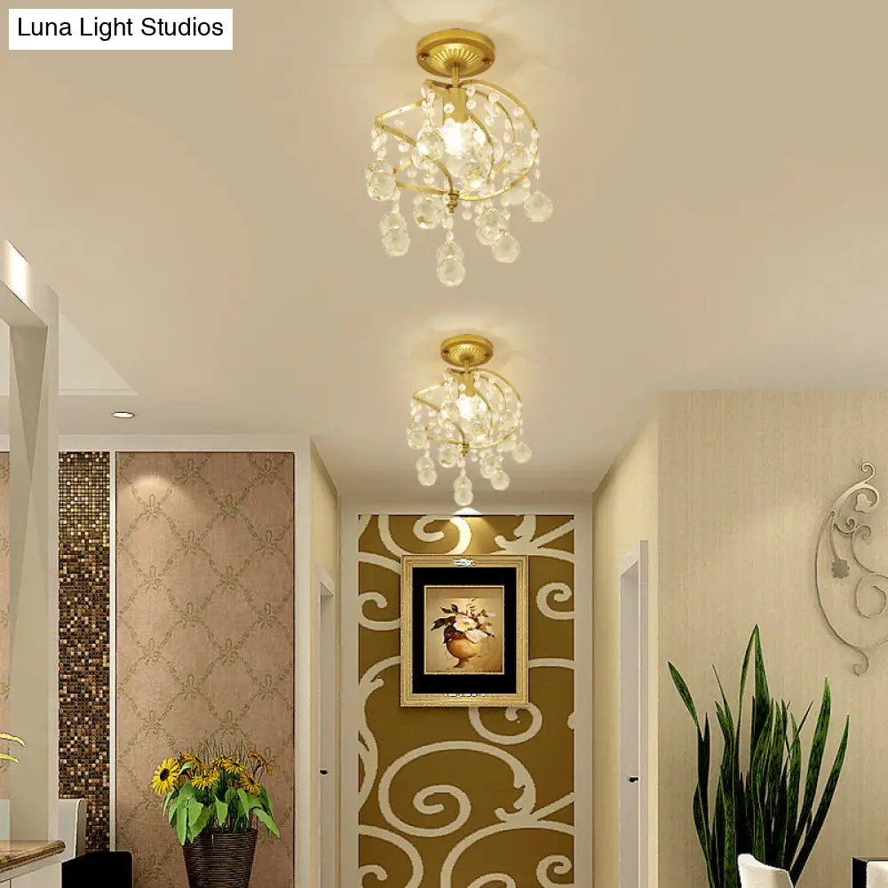 Contemporary Spiral Semi Flush Ceiling Lamp - Metallic 1 Light Golden Corridor With Crystal Drop