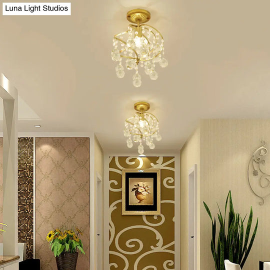 Contemporary Spiral Semi Flush Ceiling Lamp - Metallic 1 Light Golden Corridor With Crystal Drop