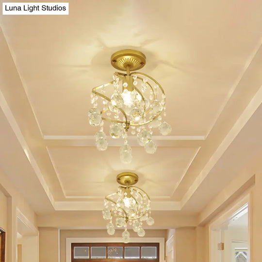 Contemporary Spiral Semi Flush Ceiling Lamp - Metallic 1 Light Golden Corridor With Crystal Drop