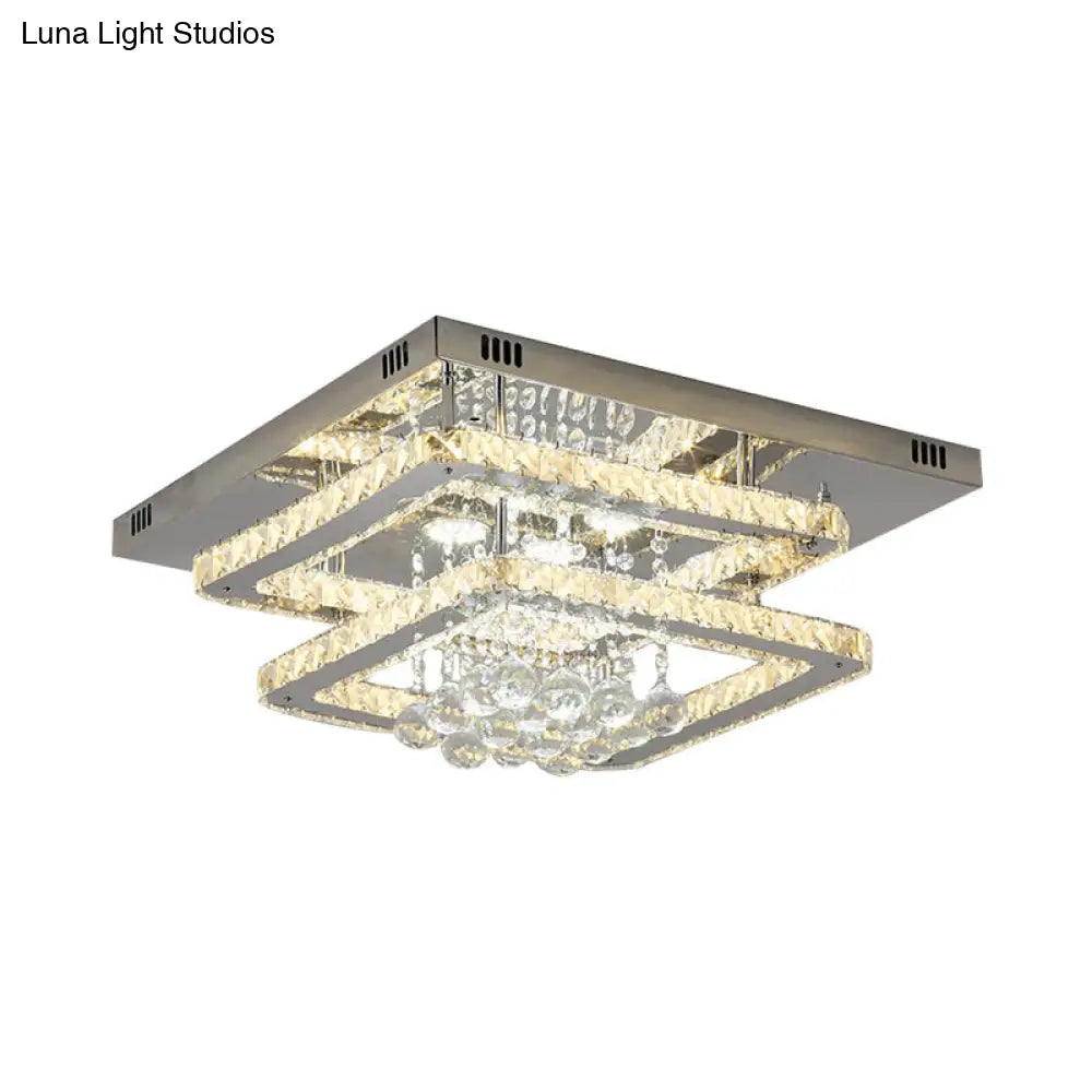 Contemporary Square 2-Tier Led Crystal Ceiling Lamp - Chrome Flush Light For Bedroom