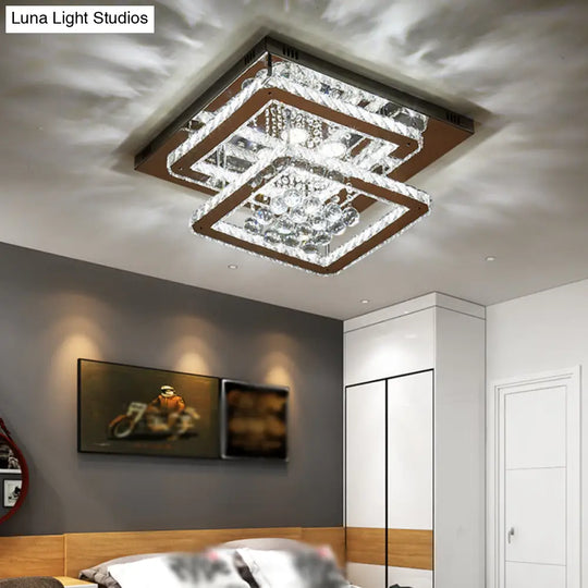 Contemporary Square 2 - Tier Led Crystal Ceiling Lamp - Chrome Flush Light For Bedroom