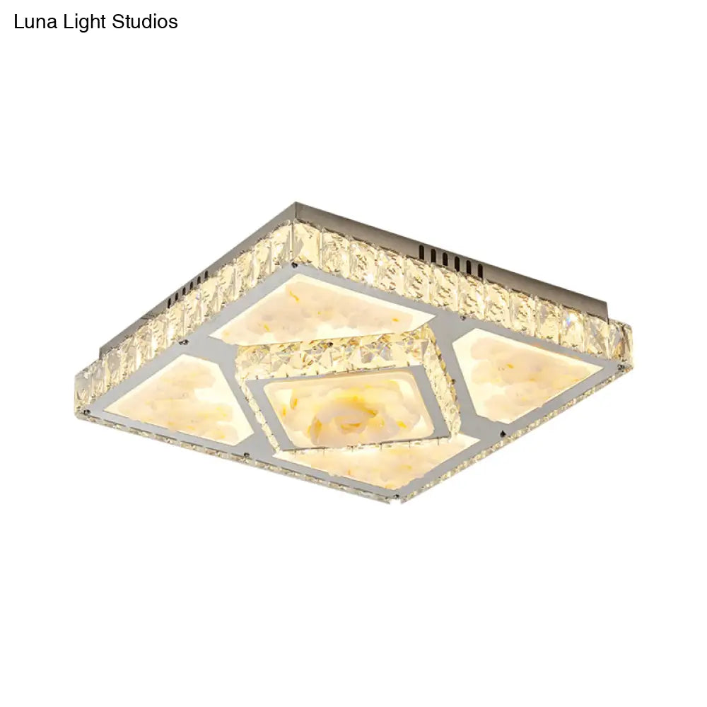 Contemporary Square Crystal Block Led Ceiling Light - Lotus Design In Chrome