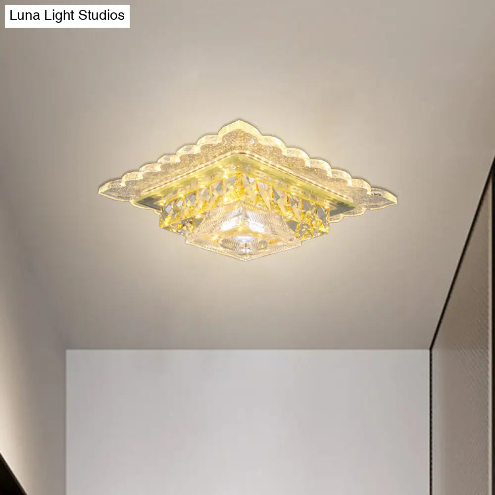 Contemporary Square Crystal Led Ceiling Lamp - Flush Mount Lighting For Corridor Warm/White Light