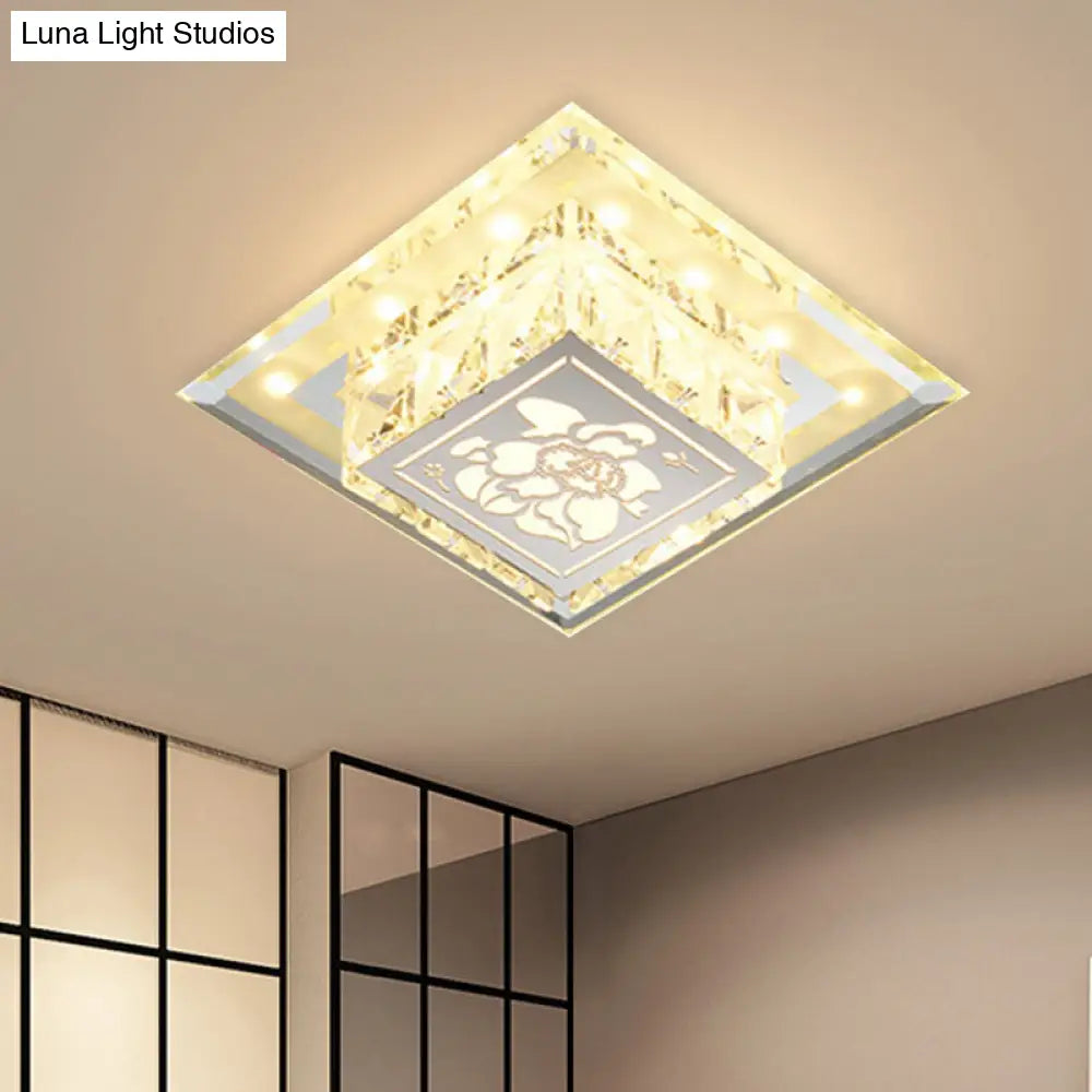 Contemporary Square Led Flush Light With Crystalline Facets In Chrome – Elegant Flower Pattern