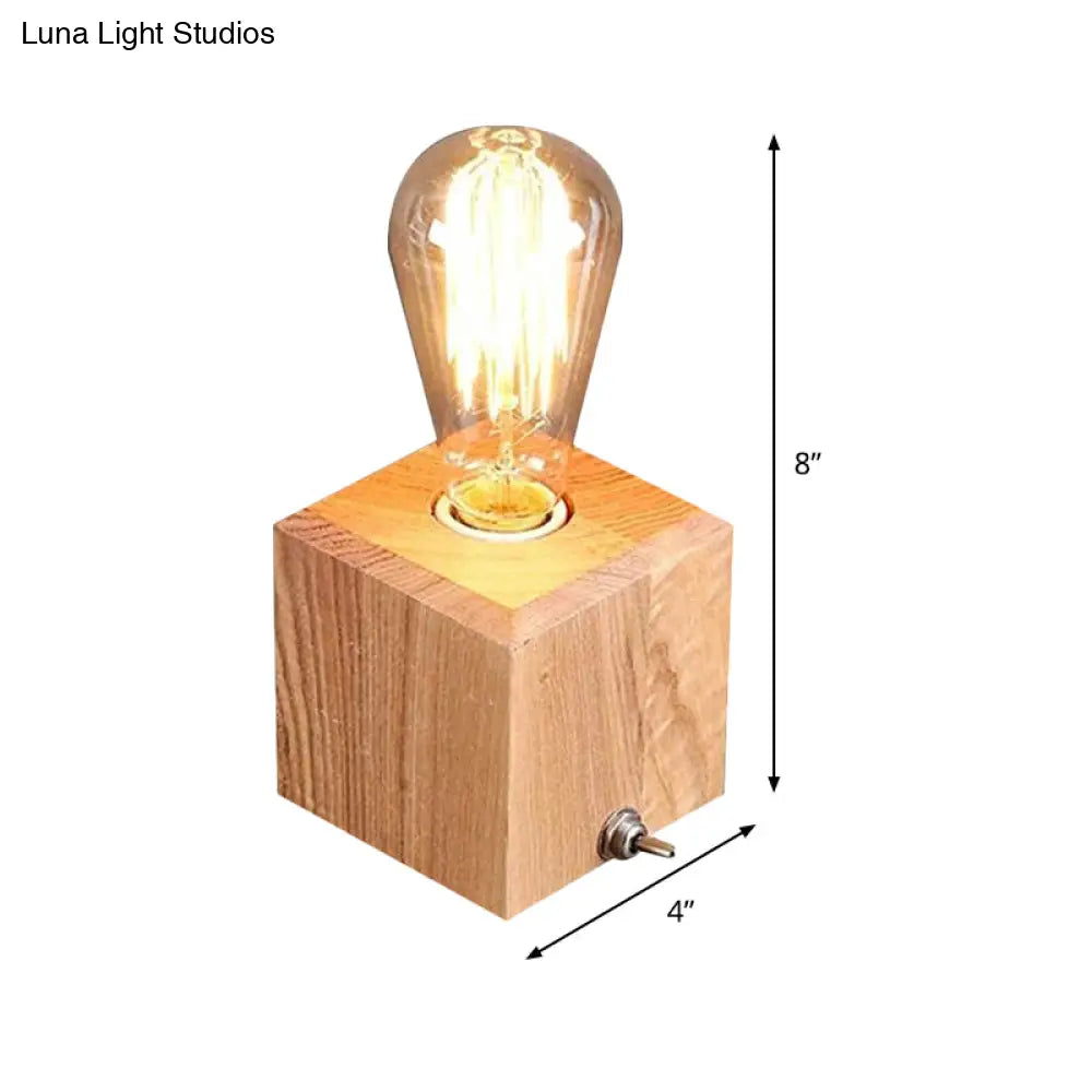 Contemporary Square Wood Table Lamp - Small Desk Light With 1 Bulb In Beige For Living Room