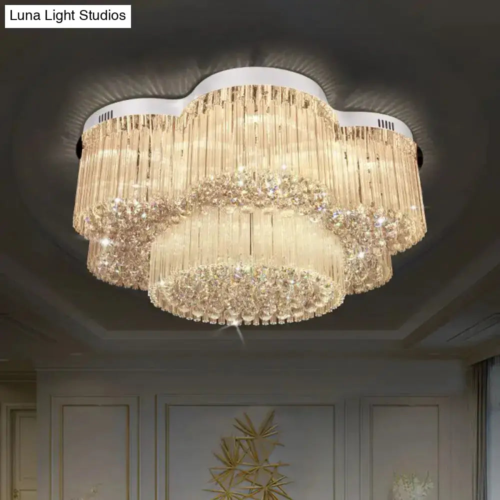 Contemporary Stainless Steel Crystal Flush Mount Lamp With 15-Bulb Flower Design For Living Room