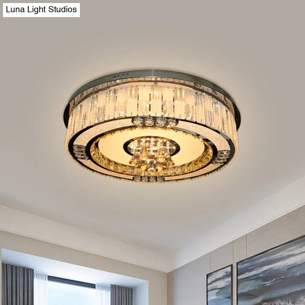 Contemporary Stainless - Steel Drum Flushmount Led Ceiling Light With Crystal Blocks