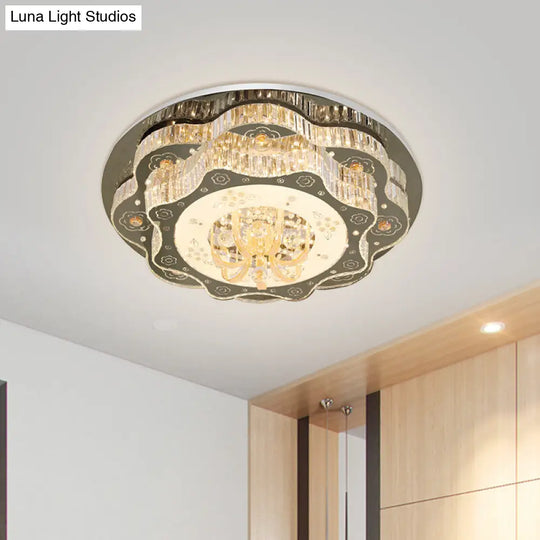 Contemporary Stainless-Steel Flush Ceiling Light With Led Clear Crystal Blocks And Floral Design