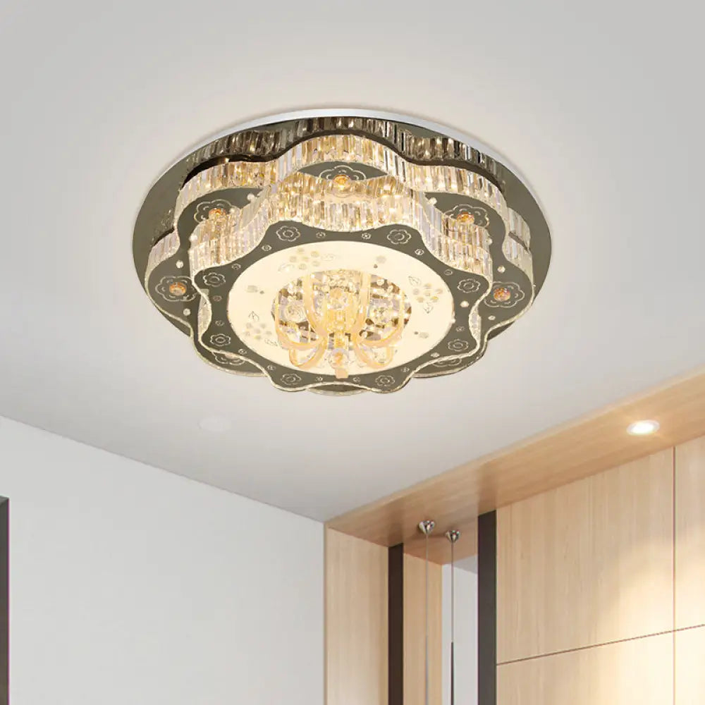 Contemporary Stainless-Steel Flush Ceiling Light With Led Clear Crystal Blocks And Floral Design