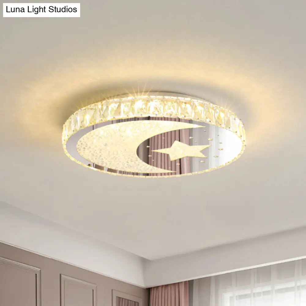 Contemporary Stainless-Steel Led Round Flushmount Ceiling Light With Crystal Cut Moon And Star