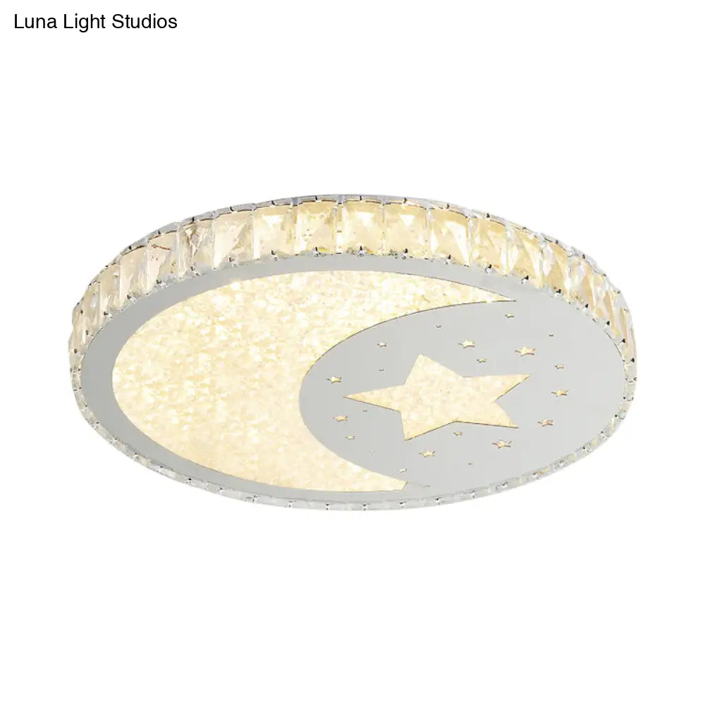 Contemporary Stainless-Steel Led Round Flushmount Ceiling Light With Crystal Cut Moon And Star