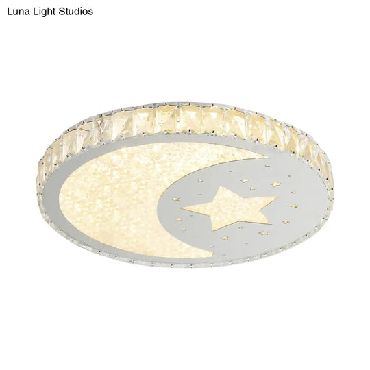 Contemporary Stainless-Steel Led Round Flushmount Ceiling Light With Crystal Cut Moon And Star