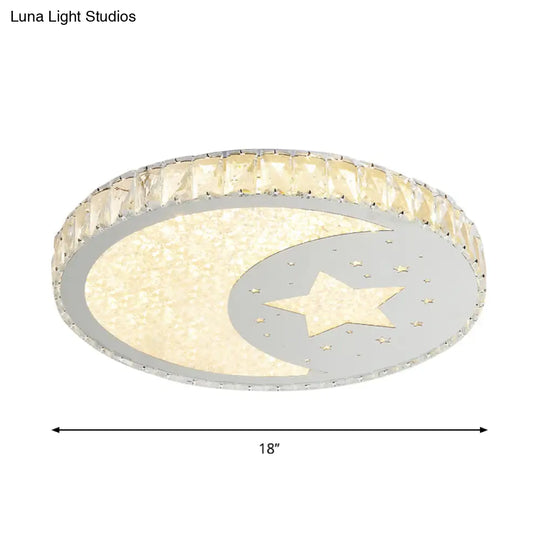 Contemporary Stainless-Steel Led Round Flushmount Ceiling Light With Crystal Cut Moon And Star