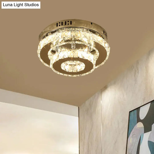 Contemporary Stainless-Steel Led Semi Flush Mount Ceiling Lamp With Clear Crystal Blocks / Round