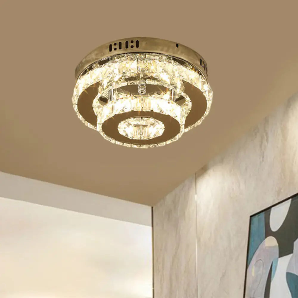 Contemporary Stainless - Steel Led Semi Flush Mount Ceiling Lamp With Clear Crystal Blocks / Round