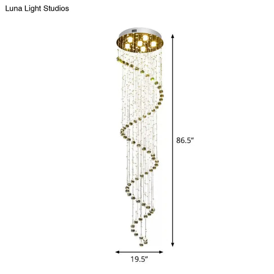 Contemporary Stainless Steel Spiral Ceiling Lamp With Crystal Beaded Flush Mount - 6 Bulbs 86.5 Tall