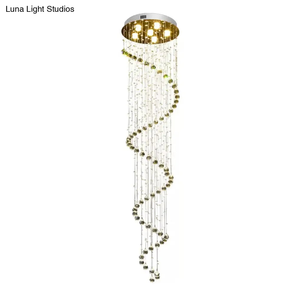 Contemporary Stainless Steel Spiral Ceiling Lamp With Crystal Beaded Flush Mount - 6 Bulbs 86.5’