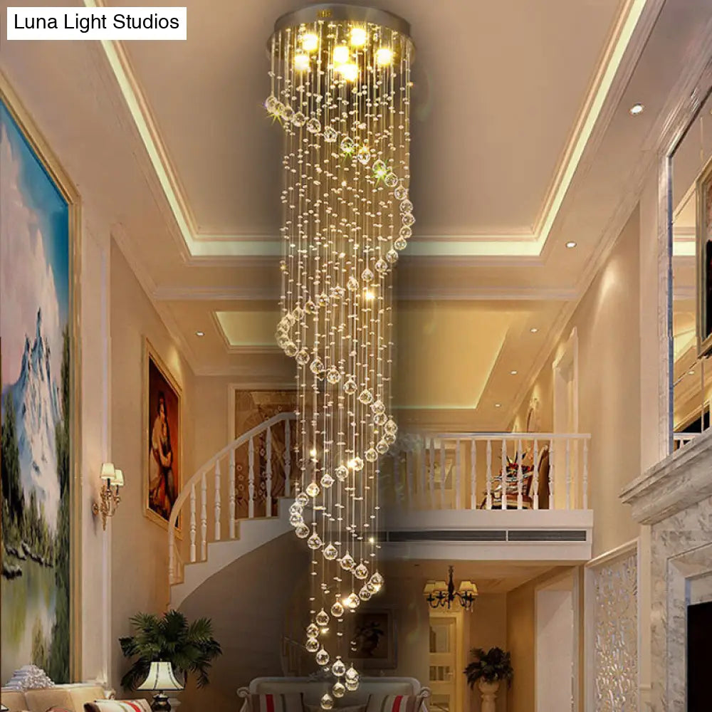 Contemporary Stainless Steel Spiral Ceiling Lamp With Crystal Beaded Flush Mount - 6 Bulbs 86.5 Tall
