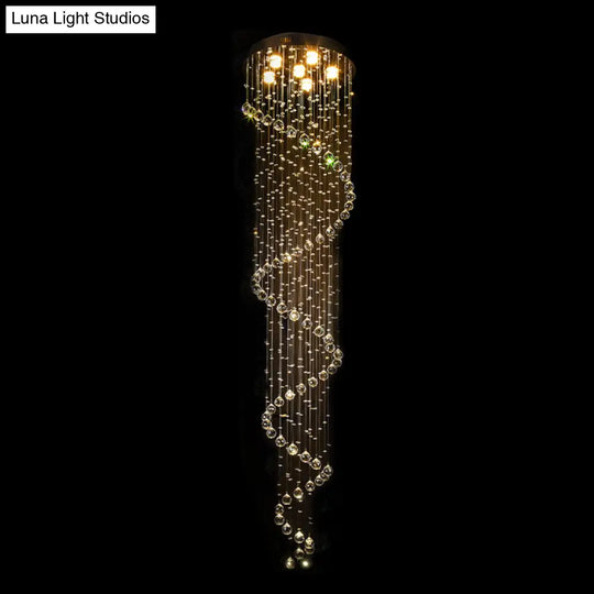 Contemporary Stainless Steel Spiral Ceiling Lamp With Crystal Beaded Flush Mount - 6 Bulbs 86.5 Tall