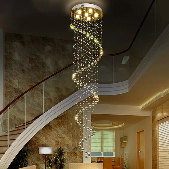 Contemporary Stainless Steel Spiral Ceiling Lamp With Crystal Beaded Flush Mount - 6 Bulbs 86.5’