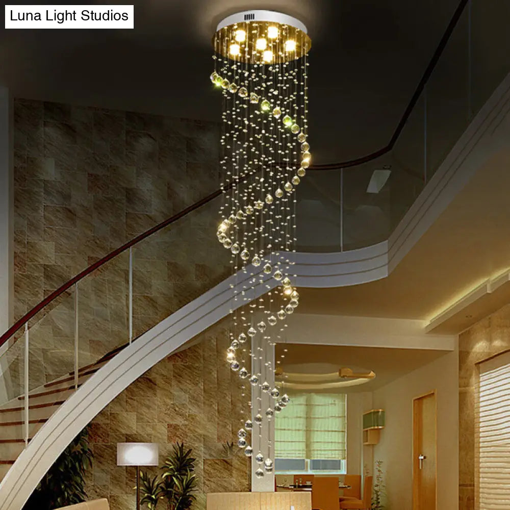 Contemporary Stainless Steel Spiral Ceiling Lamp With Crystal Beaded Flush Mount - 6 Bulbs 86.5 Tall
