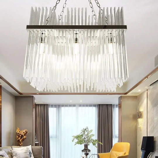 Contemporary Stainless-Steel Tube Chandelier - 10-Bulb Crystal Ceiling Hanging Light