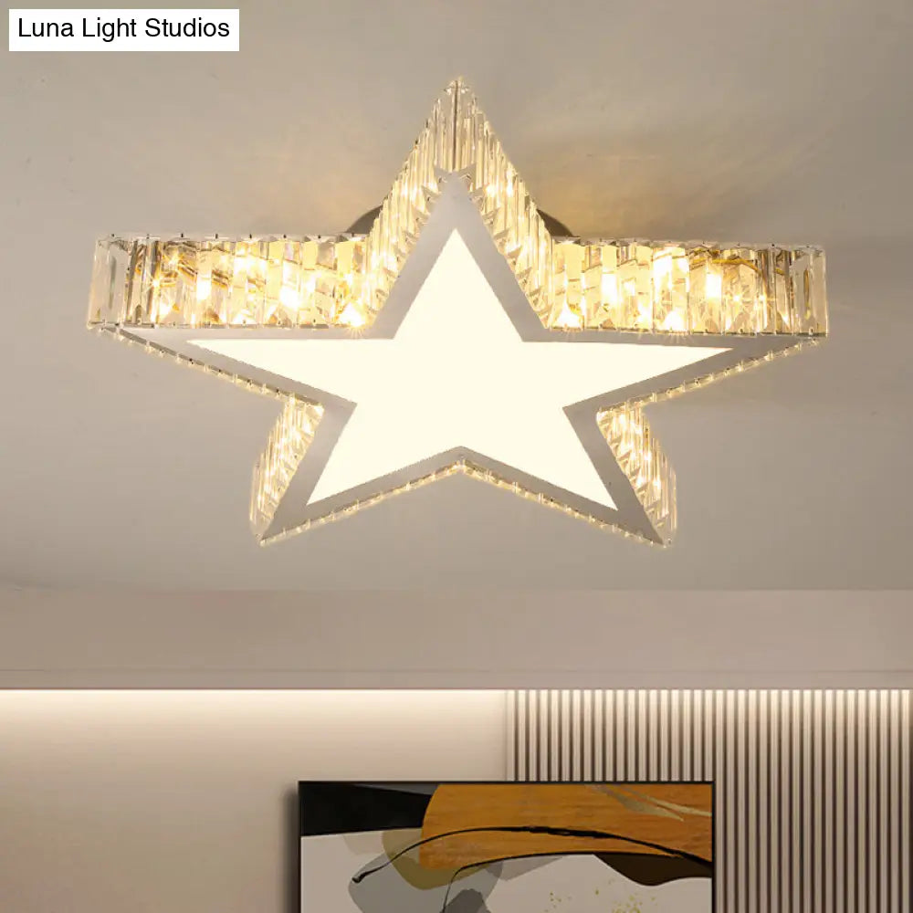 Contemporary Star Crystal Led Ceiling Lamp - Stainless Steel Flush Mount Light