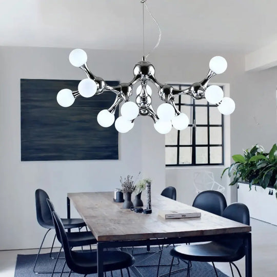 Contemporary Starburst Metal Chandelier With White Glass Shade - Chrome Finish