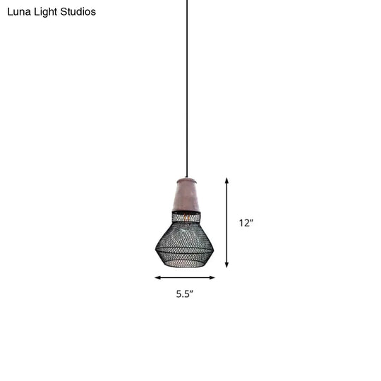 Contemporary Stone Cone Pendant Lamp - 1 Light Hanging Ceiling For Restaurants Black/Red Wire-Cage