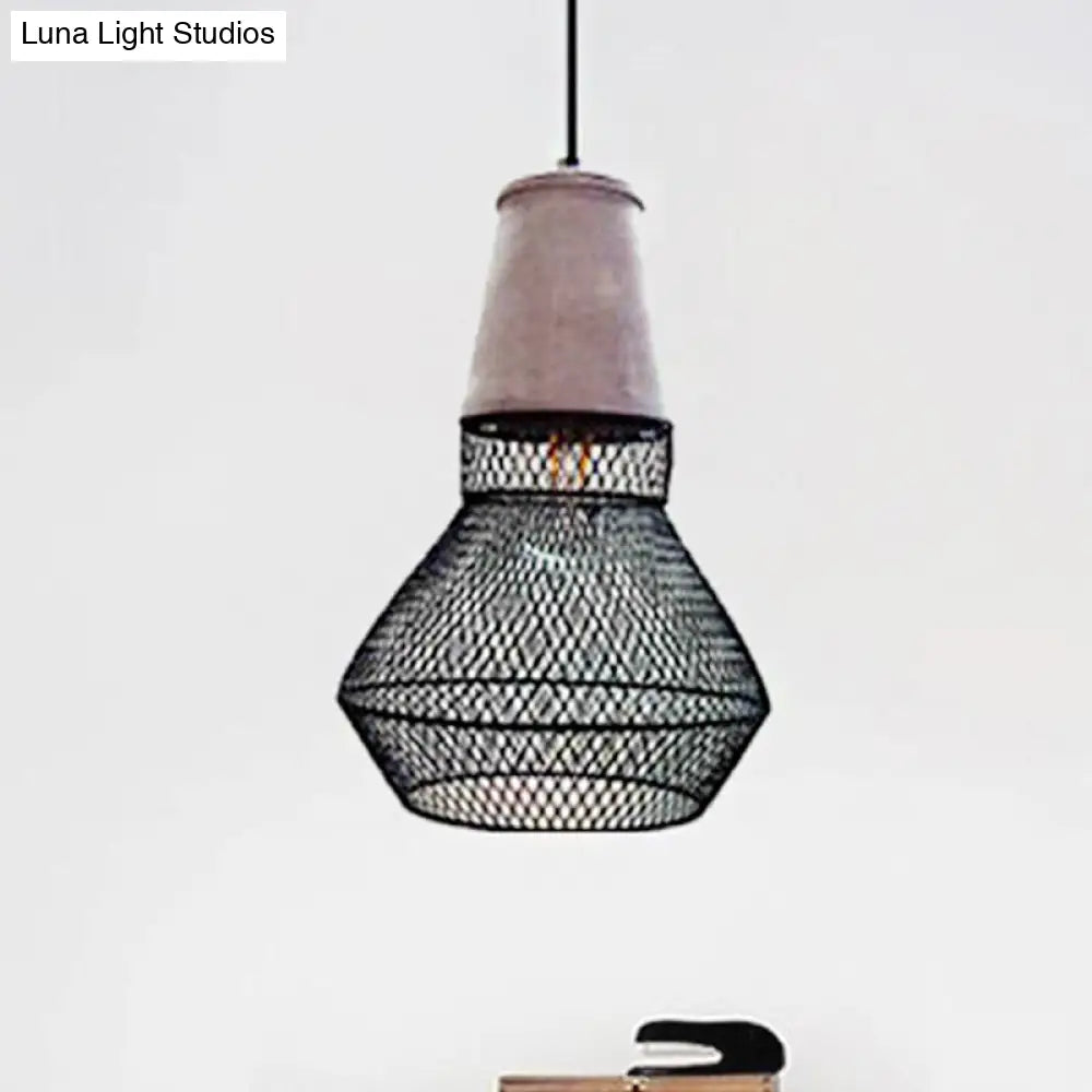 Contemporary Stone Cone Pendant Lamp - 1 Light Hanging Ceiling For Restaurants Black/Red Wire-Cage