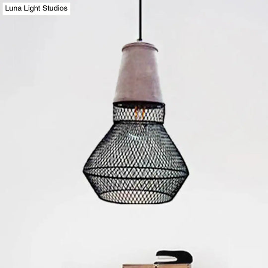 Contemporary Stone Cone Pendant Lamp - 1 Light Hanging Ceiling For Restaurants Black/Red Wire-Cage