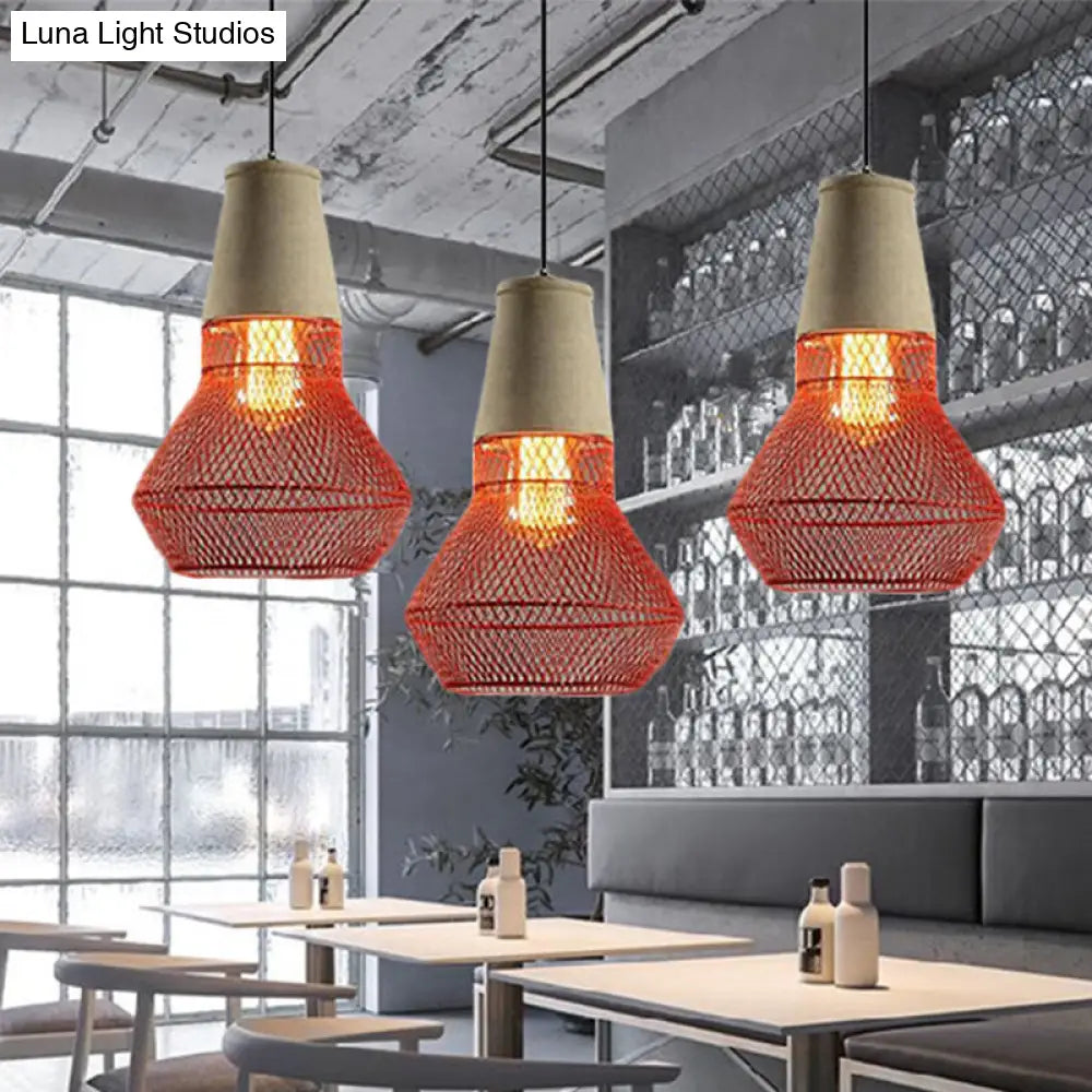 Contemporary Stone Cone Pendant Lamp - 1 Light Hanging Ceiling For Restaurants Black/Red Wire-Cage