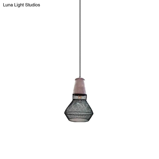 Contemporary Stone Cone Pendant Lamp - Hanging Ceiling Light With Wire-Cage Shade (1 Light) For