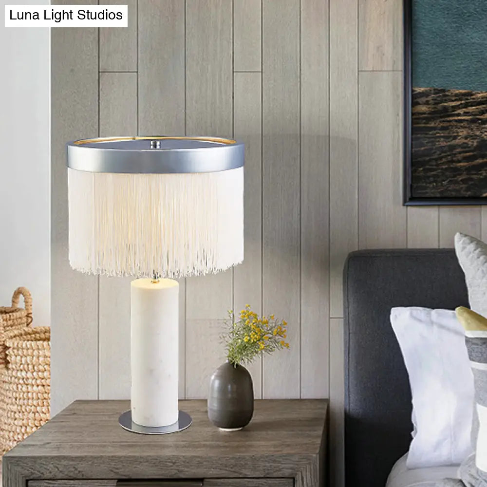 Contemporary Stone Tube Desk Lamp: White Night Table Light With Tassel Deco