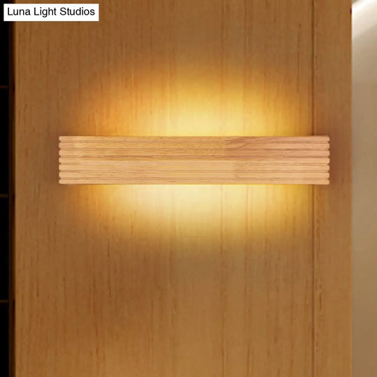 Contemporary Striped Wooden Bedroom Wall Sconce - Wide 1-Head Led Up/Down Light Fixture Beige