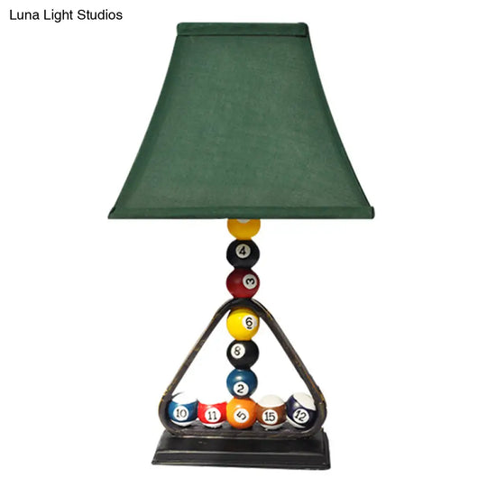 Contemporary Style Green Bell Shade Table Lamp With Billiard Ball Decoration - 1 Light Fabric