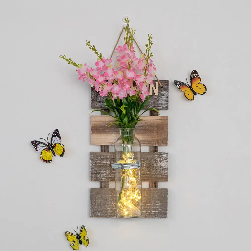 Contemporary Style Pink/Yellow Flower Wall Sconce With Clear Glass Bottle String Light For Cafes