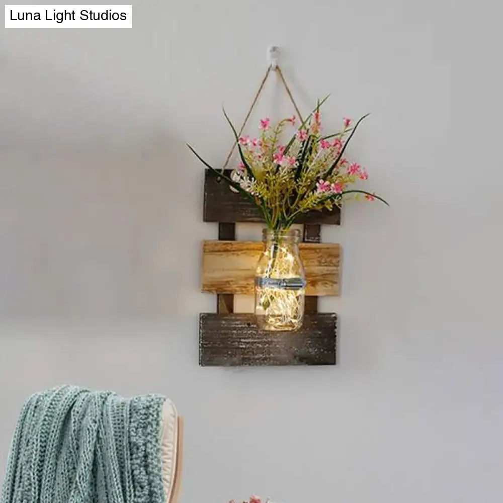 Contemporary Style Pink/Yellow Flower Wall Sconce With Clear Glass Bottle String Light For Cafes