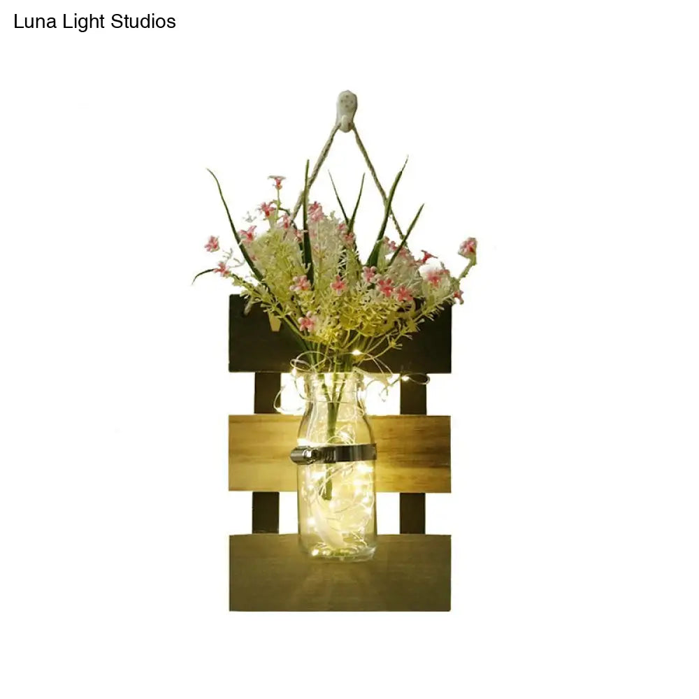 Contemporary Style Pink/Yellow Flower Wall Sconce With Clear Glass Bottle String Light For Cafes