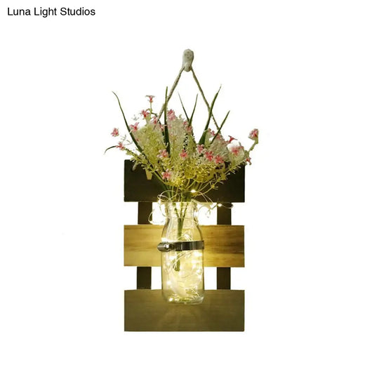 Contemporary Style Pink/Yellow Flower Wall Sconce With Clear Glass Bottle String Light For Cafes