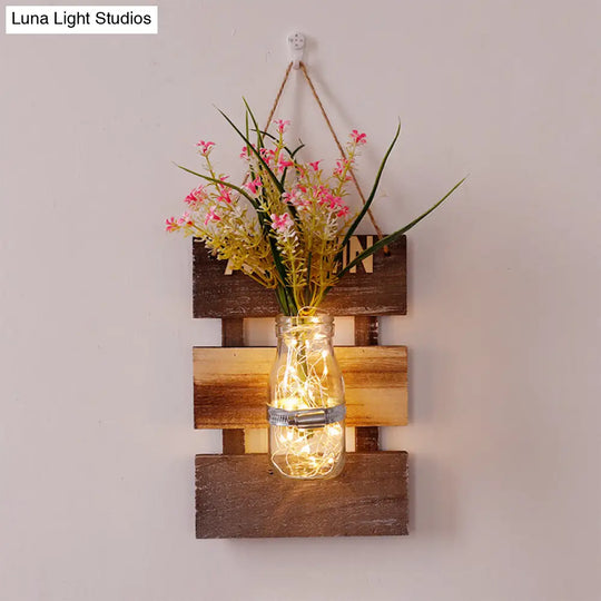 Contemporary Style Pink/Yellow Flower Wall Sconce With Clear Glass Bottle String Light For Cafes