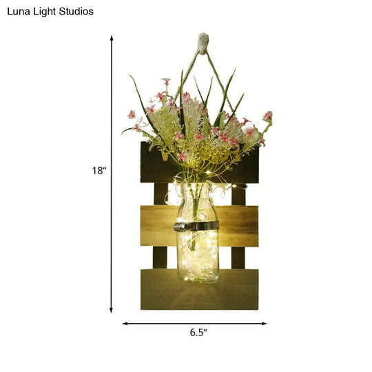 Contemporary Style Pink/Yellow Flower Wall Sconce With Clear Glass Bottle String Light For Cafes